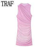 Yipinpay Pink Tulle Mini Dress Woman Mesh Bodycon Dress Women Sleeveless Semi Sheer Short Dresses For Women Ruched Summer Dresses