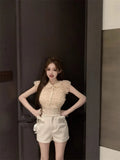 Yipinpay Sweet Shirts Women Bowknot Flying Sleeve Lace Ruffles Patchwork Turn Down Collar Elegant Blouse Vintage Female Tops