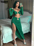 yipinpay 2023 Autumn Summer Club Fashion Long Sleeve Women Crop Tops And Sexy Long Hight Waisted Split Skirt Dress Two Piece Set