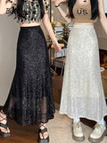 yipinpay Shiny Sequins Long Midi Skirts Women 2023 Spring Summer Pack Hip Mermaid Skirt Girls Y2K Casual Elegant A-line Faldas