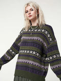 Yipinpay Womens Y2K Grunge Autumn Winter Casual Sweater Long Sleeve Round Neck Vintage Pattern Print Knitwear Pullovers