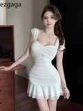 Yipinpay Woman Dress French Style Sexy Mesh Patchwork Ruffles Slim Square Collar Party Mini Dresses Backless Elegant Female