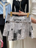 Yipinpay Girl Newspaper Printed Pleated Skirt for Women Autumn New Fashion Causal High Waist A-line Short Skirt Women Clothing