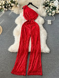 Yipinpay American Retro Sequin Jumpsuit Diagonal Collar Solid Long Wide Legs Pants Romper Elegant Backless Sexy Party Jumpsuits