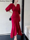 Yipinpay Midi Red Mermaid Dress Women Autumn Korean Sexy V-neck Irregular Sequins Dress Vintage Casual Evening Party Dress 2023