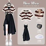 Yipinpay Women's Summer Fashion Stripe Short Sleeve Top+Strap Skirt Two Piece Korean Elegant Blouse Dress Suit 2024 New Matching Set