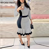 Yipinpay Women Elegant Chic Polka Dot Patchwork Round Neck Wrist Mermaid Bodycon Midi Working Dress