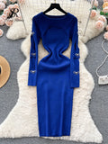 Yipinpay 2024 Autumn Knitted Chic Dress O Neck Hollow Out Long Sleeves Bows Decoration Solid Women Slim Fit Bodycon Party Dress