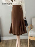 Yipinpay Autumn Winter Mermaid Skirt Women Solid Buttons Chic Fashion Patchwork High Waist Skirts for Womans Vintage Slim Jupes