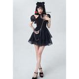 yipinpay Dress Women Summer New Sexy Puff Short Sleeves Short Skirt Black Fashion Gothic Streetwear Design Fishbone Skirt Dress