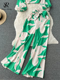 Yipinpay Fashion Autumn Print Sets Female Puff Sleeve Short V Neck Top+Wide Leg Long Pants Streetwear Women Two Pieces Suits