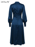 Yipinpay Elegant Evening Dresses Navy Hollow Out Woman Satin Midi Party Dress Spring Lantern Sleeves Sliky Keyhole Dress 2023