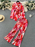 Yipinpay Autumn Print Suits Single Breasted Cardigan Bow Irregular Blouse+Pleated Wide Leg Long Pants Women Senior Vintage Sets