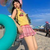 Yipinpay Japanese Y2k Pleated Skirt Women Pink Harajuku Kawaii Low Waist Embroidery A-line Mini Plaid Skirt Sexy Gyaru Summer