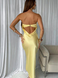 Yipinpay Mo Satin Backless Maxi Dress For Women Gown Fashion Strapless Sleeveless Bodycon Night Club Party Summer Vestido