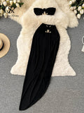 Yipinpay Irregular Women Summer Sets 2024 Party Slim Solid Elastic Waist Split Sets Elegant Ladies Romantic Sexy Two Piece Sets