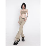 yipinpay Women's Khaki Wide Leg Jeans Star Pocket Vintage Straight Pants High Waist Baggy Streetwear Casual Brown Denim Trouser Ladies