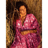 Yipinpay Elegant Floral Dress Spring and Summer V-neck Viscose Floral Sexy Long Dress Casual Comfortable Walking Beachwear