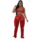 Yipinpay Hollow-Out Sexy Women's Solid Color Mesh Nail Beaded Wooden Ear Edge Three-Piece Set Fashion See Through Suit