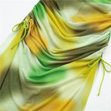 Yipinpay Print Tulle Long Dress Women Ruched Bodycon Dress Women Semi Sheer Mesh Summer Dresses Woman 2023 Sleeveless Midi Dresses