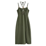 Yipinpay Summer Women Fashion Backless Halter Sling Dresses Front Slit V Neck Female Midi Party Sexy Dress
