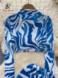 Yipinpay Fashion Zebra Print Sexy Suits 2024 Stand Collar Long Sleeves Short Top+Bodycon Mini Skirt Sensual Beach Slim Sets