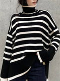 Yipinpay Winter Women¡¯s Long Sleeves Knit Sweater Turtleneck Striped Print Loose Pullover Tops 2024 New Autumn Oversized Sweater