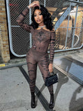 Yipinpay Simenual Sexy Clubwear 90s Rave Printed Mesh Women Two Piece Set Y2K Off Shoulder Bodysuit See Through Skinny Pants Co Ord Suits