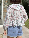 Yipinpay Spring Floral Peter Pan Doll Collar Shirts Women 2024 Summer Long Sleeve Lace Up Blouse Female Elegant Street Lady Chic Tops