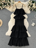 Yipinpay 2024 Women Hotsweet Chiffon Sundress Strap Cake Backless Sheath Bodycon Long Dress Vacation Retro Elastic Beach Dress