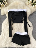 Yipinpay Fashion Sexy Two Pieces Suits Bandage One Shoulder Long Sleeve Short Tops+High Waist Shorts Women Hotsweet Casual Suit