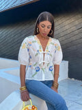 Yipinpay Flower Printing Puff Sleeve Shirts For Women Fashion Lace-up V-neck Short Blouse Female 2024 Summer Elegant Cropped Tops