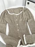 Yipinpay spring Woman Korean Fashion Long Sleeve Cardigan Tops 90s Vintage Sweaters Mori Girl Square Collar Lace Spliced Knitwears