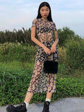 yipinpay Short Sleeve Daisies Print Mesh See-Through Sexy Maxi Dress Summer Women Fashion Streetwear Outfit Sundress