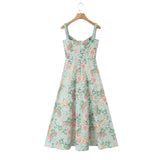 Yipinpay 2024 Women French Style Floral Print A-line Midi Sling Dress Sexy Sleeveless Front Slit Female Holiday Party Summer Dress