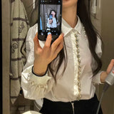 Yipinpay Spring 2023 New Diamond Top Beaded Bubble Sleeves Blouse Roupas Femininas Rhinestone White Shirt Blusas Mujer Loose