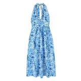 Yipinpay 2024 Women Sexy Backless Halter Blue Floral Print Midi Dresses Sleeveless Female Holiday Summer Dresses