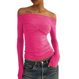 Yipinpay Shoulder See Through Mesh Women's T-shirt Spring 2023 Y2k Tops Long Sleeve Crop Tees Streetwear Sexy Ruched T Shirts White