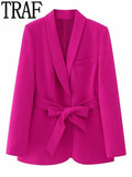 Yipinpay Women's Blazer Set 2 Pieces Fuschia Chic And Elegant Woman Jacket Long Sleeve Spring Jacket Business Casual Women Outfits
