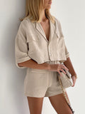 Yipinpay Office Ladies Crepe Two Pieces Shorts Suits Notched Half Sleeves Shirts And Elastic Shorts Cotton Sets Summer 2023