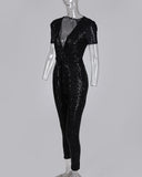 Yipinpay New sexy women's jumpsuit Black Cutout Sequin Suspender Jumpsuit with Belted and Lined