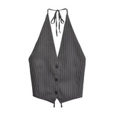 Yipinpay New 2024 Women Sexy Backless Halter V Neck Striped Vest Female Fashion Waistcoat Chic Crop Top