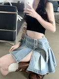Yipinpay Pleated Denim Mini Skirt Women Vintage Y2k Summer Sexy Slit Belt Patchwork Low Waist Jean Skirt Casual Korean Streetwear