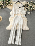 Yipinpay Vacation Simple Style Fashion Suits Halter Sexy Camis+Embroidery Cardigan+Hook Flower Hollow Pants Senior Retro Sets