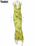 yipinpay Summer Halter Women Tie Dyed Print Sexy Long Bodycon Club Dress Evening Elegant Sleeveless Maxi Fashion Party Dress 2023