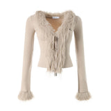 yipinpay Women's Clothes Khaki Cardigan Sweater V-neck Tassels Splicing Outerwear Fashion Vintage Leisure Winter Knitting Drawstring Coat