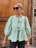 Yipinpay Lace Up Striped Shirts Women 2024 Spring Summer Chic Elegant O-neck Loose Long Sleeve Shirts Female Casual Strret Tops
