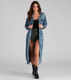 Yipinpay Size S-3xl Fashion Denim Coat Women Single Breasted Cardigan Jacket Women'S Ripped Long Sleeve Denim Trench Coat