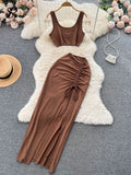 Yipinpay Split Sexy Fashion Two Pieces Suits Summer Mini Camis+Elastic Drawstring Slim Midi Long Skirt Sets Women Solid Suits