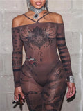 Yipinpay Simenual Sexy Clubwear 90s Rave Printed Mesh Women Two Piece Set Y2K Off Shoulder Bodysuit See Through Skinny Pants Co Ord Suits